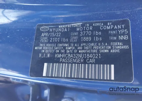 2022 Hyundai Venue Sel из США, поврежденный, VIN KMHRC8A32NU184021